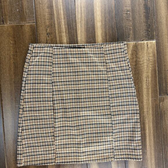 Hesperus S Plaid Tan Brown Houndstooth Mini Skirt Elastic Waist y2k Fall Preppy - Picture 1 of 9